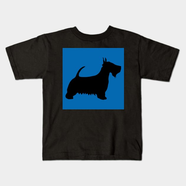 Scottish Terrier Dog Silhouette - Black on Scottish Saltire Blue Background Kids T-Shirt by MacPean